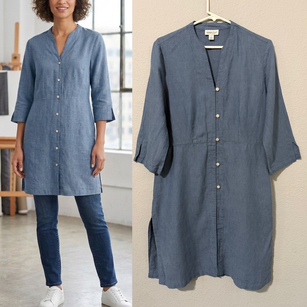 Coldwater Creek Tunic Top S Blue 100% Linen Button Front 3/4 Sleeve Minimalist